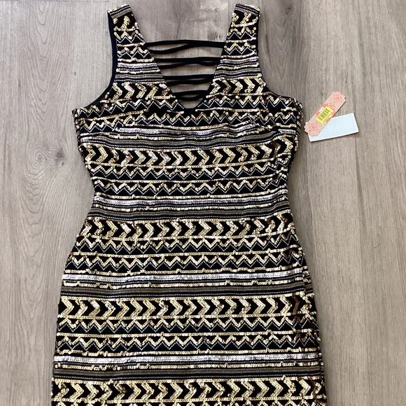NWT GIANNI BINI GB BLACK AND GOLD SEQUENCE EMBELLISHED COCKTAIL DRESS SZ M - Picture 11 of 16